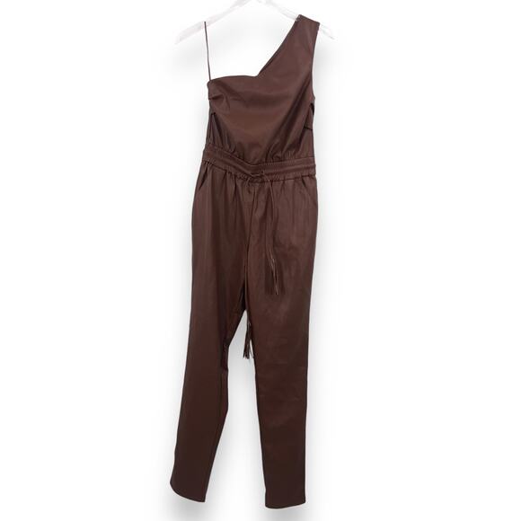 Mother The Landslide Jumpsuit Hover XS One Shoulder Faux Leather Friar Brown NWT - Picture 1 of 7